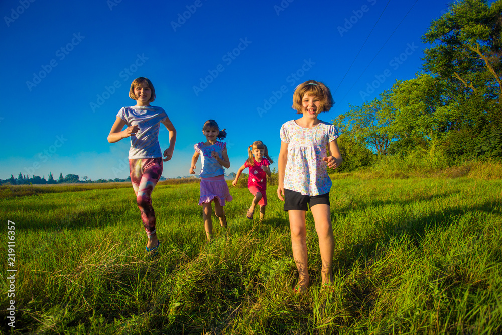 Fototapeta premium Large group of kids running in summer field with blue sky background