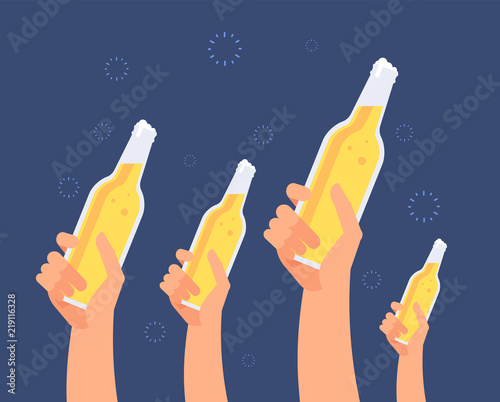 Hands with beer bottles. Excited girls and men toasting beer. Hanging out friends vector concept