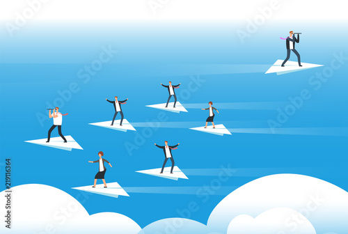Individual thinking and new direction. Businessmen standing on paper planes. Unique solutions and believe yourself vector concept