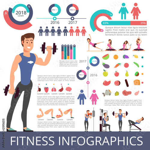 Sports and healthy life vector business infographic with sport person characters, charts and diagrams. Fitness characters