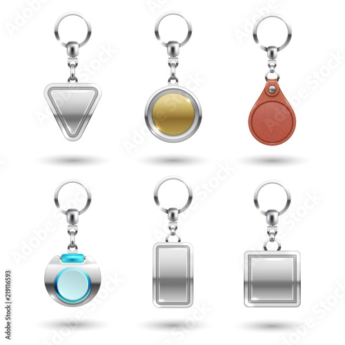 Realistic vector silver, golden, leather keychains in different shapes isolated on transparent background