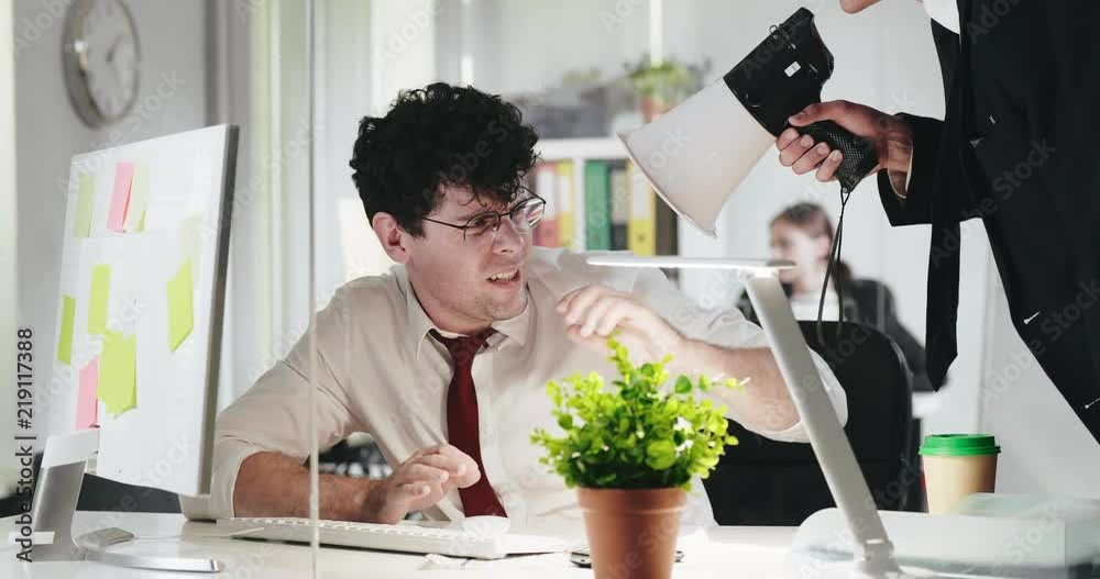 Sales manager missing out on a profitable deal and got yelled by furious boss. Angry Chief screaming at his unprofessional worker