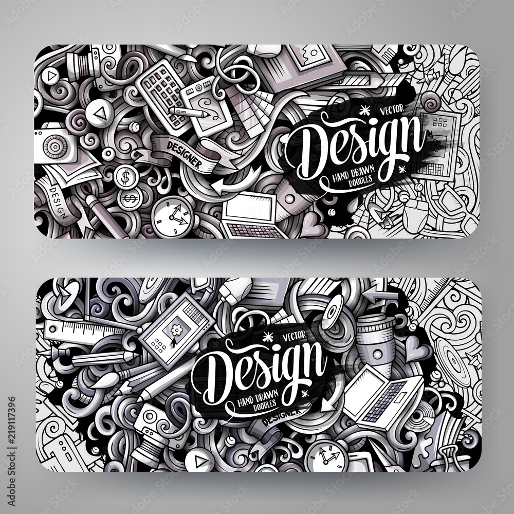 Cartoon graphics monochrome vector hand drawn doodles Designer id cards design