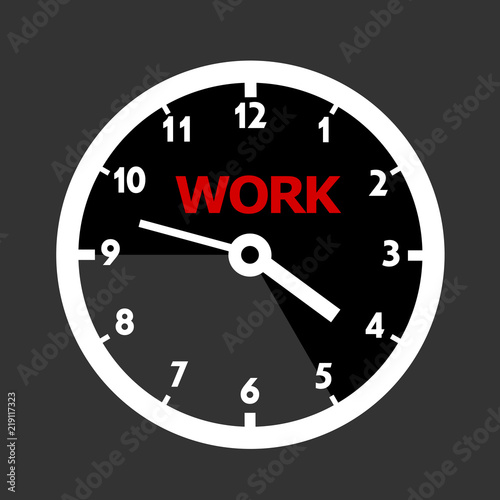 9-5 Working hours. Time rroutine and order at work and job. Worker's and employee's working day is based on fixed time. Vector illustration of clock diagram