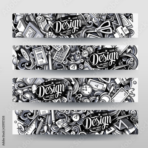 Cartoon graphics monochrome vector hand drawn doodles Designer id cards design
