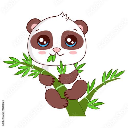 Fototapeta Naklejka Na Ścianę i Meble -  What Eats A Baby Panda? Vector Illustration Of Cute Baby Panda. Funny Baby Panda Hanging On The Bamboo. Cartoon Vector Illustration.