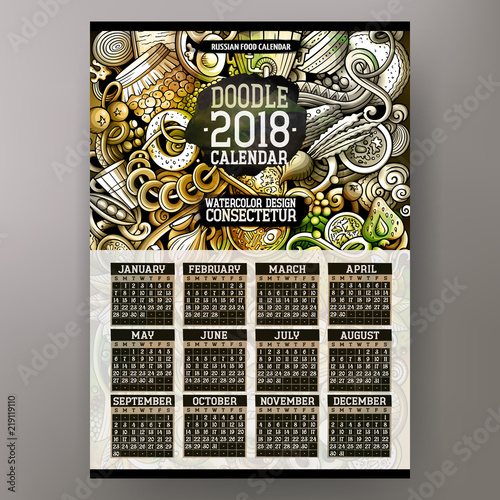 Cartoon colorful hand drawn doodles Russian food 2018 year calendar template