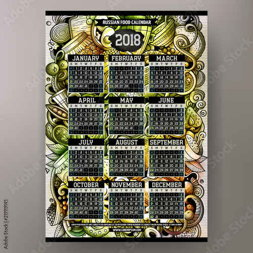 Cartoon colorful hand drawn doodles Russian food 2018 year calendar template