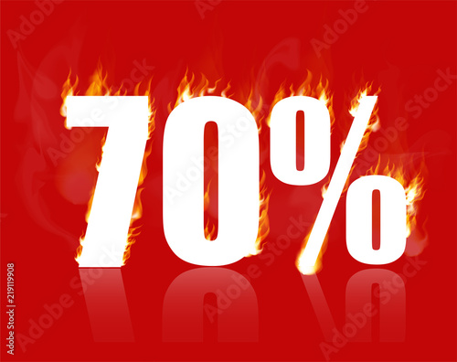70 percent sale, hot banner. Vector illustration. Burning inscription with smoke, 70%. Advertising poster layout with flame ,red background. seventy percent