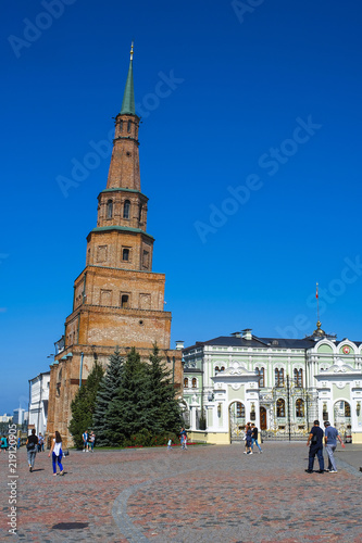 Kazan, Russia - August, 21, 2018: view of the leaning tower Syuyumbike in Kazan Kremlin, Russia