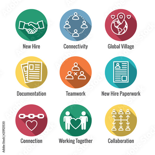 Team Building, Teamwork, and Connectivity Icon Set with Stick Figures and Intersections
