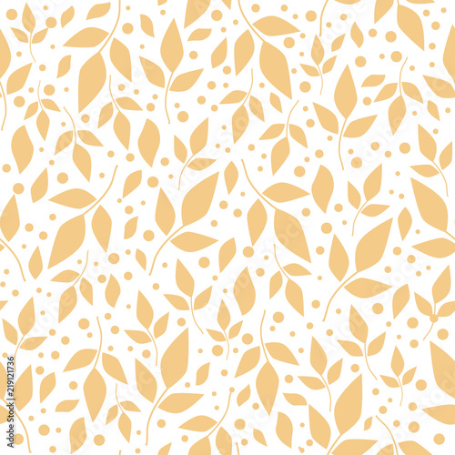 Seamless pattern with orange leaves and dots on white background with texture for decoration, wrapping paper, scrapbooking, decoupage, textile, wallpaper, cover, background, fabric, cover