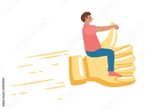 Happy man sits on sign "thumbs up" like on horseback. Vector, illustration, flat