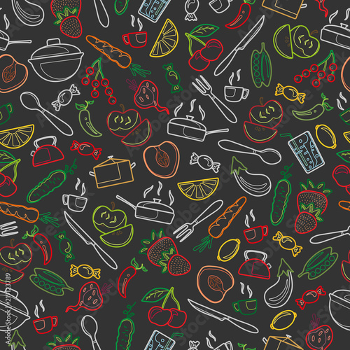 Seamless pattern with outline icons on a theme kitchen accessories and food ,colored chalks on the dark school Board
