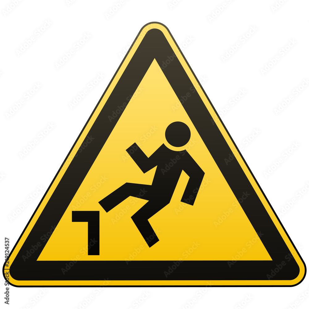 Caution, possible fall from height. Attention is dangerous. Warning sign. Security measures. Yellow triangle with a black image. Isolated object on white background. Vector illustrations.