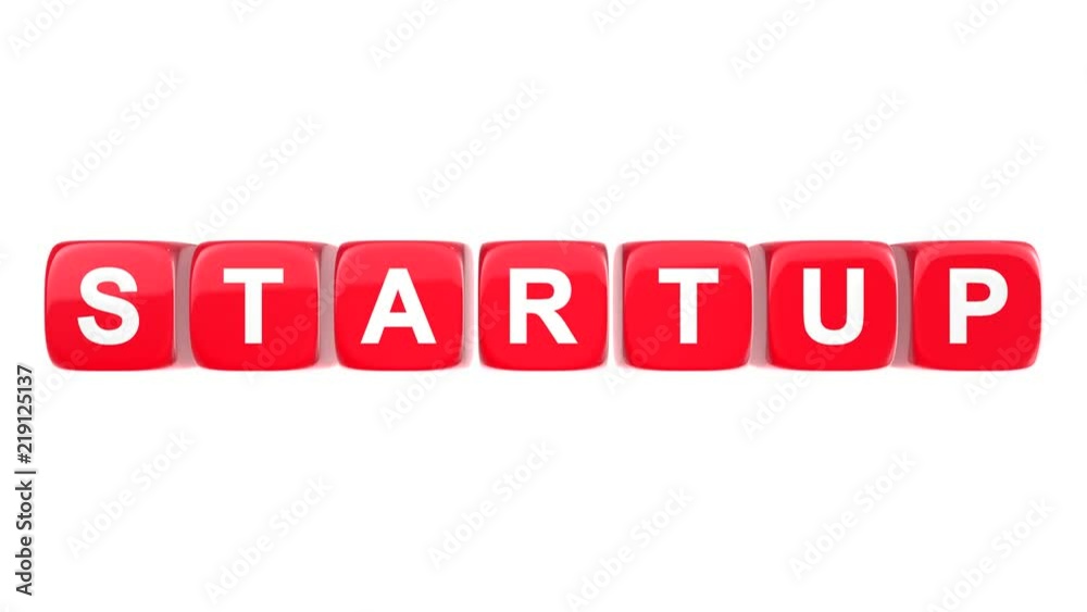 Startup text word on red glossy cubes 3D animation on white background Startup text word on red glossy cubes 3D animation on white background