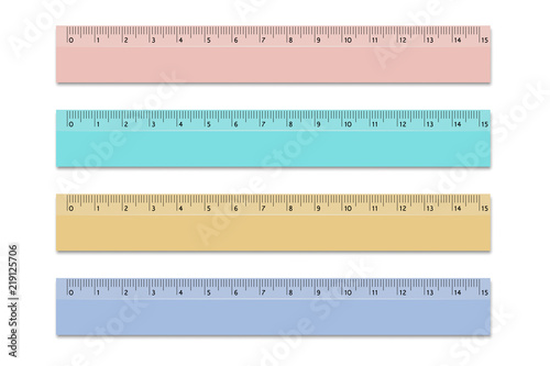 Set rulers of school different colors 15 centimeters. Vector design elements on isolated white background.