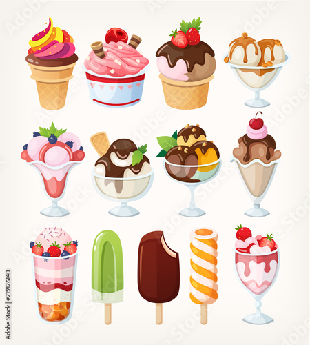 Collection of vector ice creams in different cups and of various flavors with colorful toppings and fruit on top. 