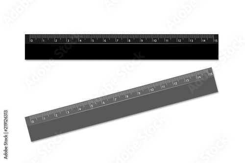Ruler, school black and gray. Realistic effect. Subject for drawing or geometry. Vector design element.