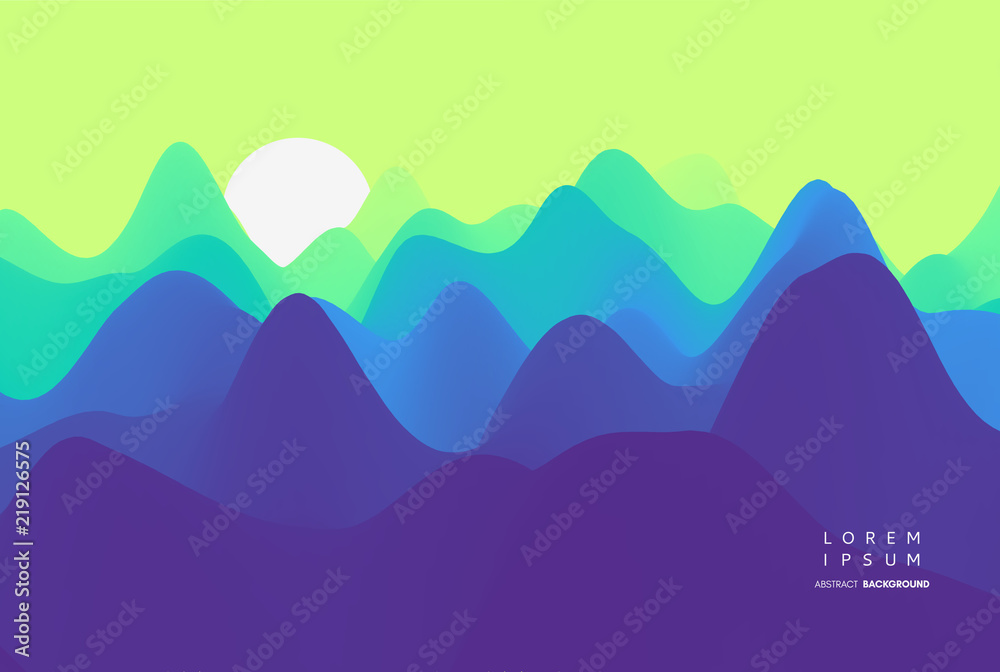 Landscape with mountains and sun. Sunset. Mountainous terrain. Abstract background. Vector illustration.