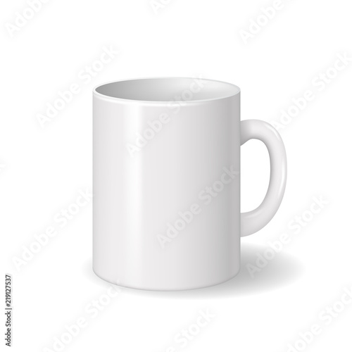 Realistic isolated white ceramic cup with shadows. For drinks, coffee, tea template for mock up brand design. Vector illustration