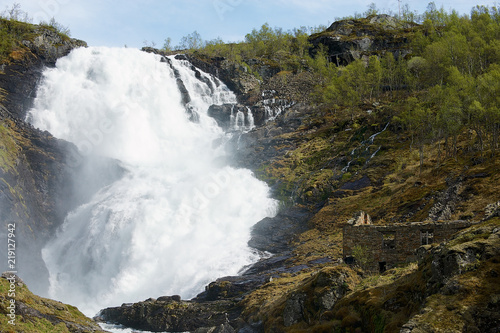 The Kjosfoss waterfall along the Flamsbana to Myrdal railway track in Norway.