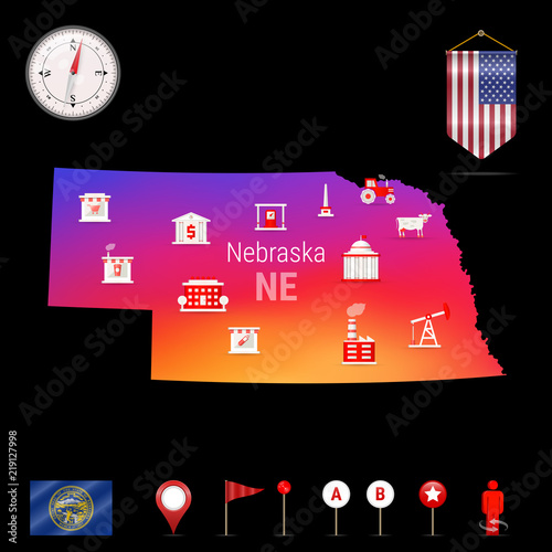 Nebraska Vector Map, Night View. Compass Icon, Map Navigation Elements. Pennant Flag of the United States. Vector Flag of Nebraska. Various Industries, Economic Geography Icons.
