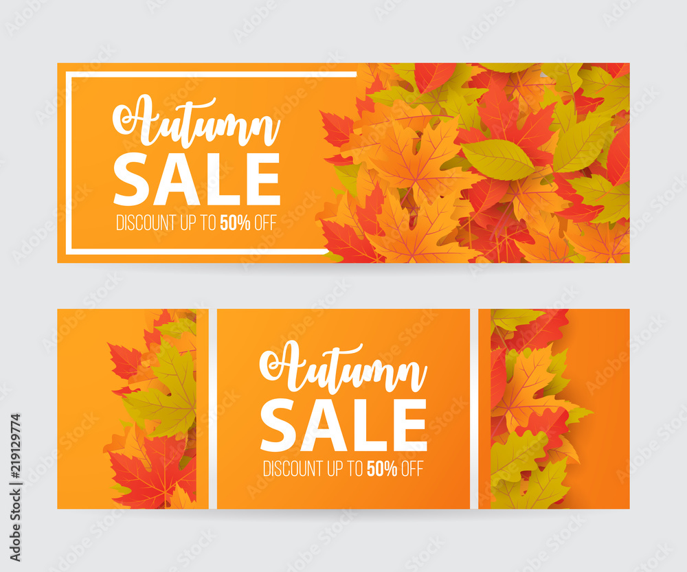 Autumn sale banner set with leaves. Can be used for shopping sale, promo poster, banner, flyer, invitation, website or greeting card. Vector illustration