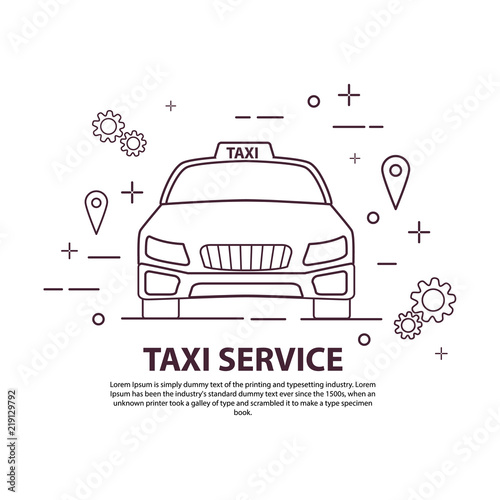 Taxi service. Car front view. Line art flat vector. Concept of design of a banner.