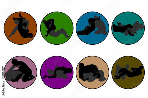 Set of 8 icons of different colors Jiu Jitsu