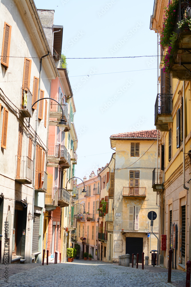 Beautiful streets and romantic houses in Ivrea cityscape. Italy, Europe.