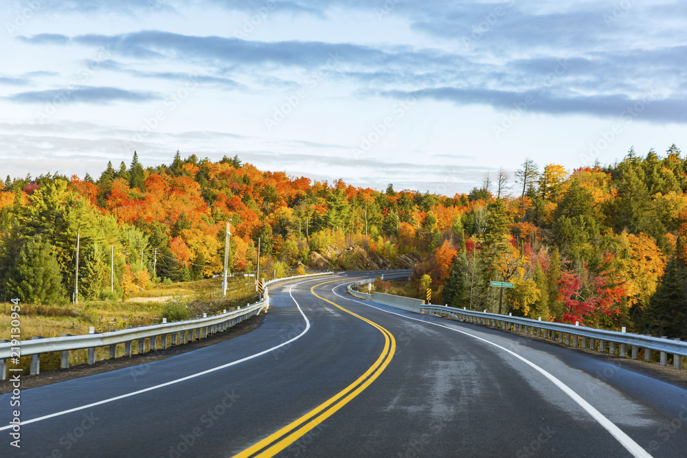 Canada, Ontario, main road through colorful trees in the Algonquin park area Canada, Ontario, main road through colorful trees in the Algonquin park area