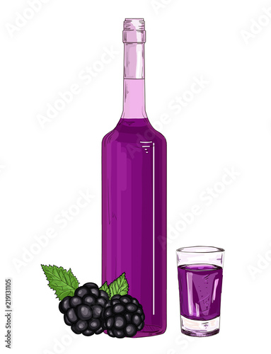 Glass bottle and shot with blackberry liqueur vector illustration. Blackberry syrup on a white background