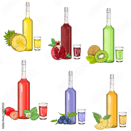Set with fruit liqueurs and syrups vector illustration on a white background