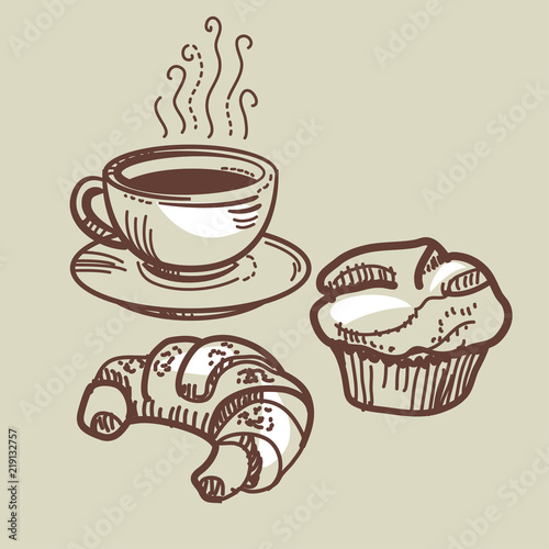 Coffee cup, croissant and muffin. sketch style