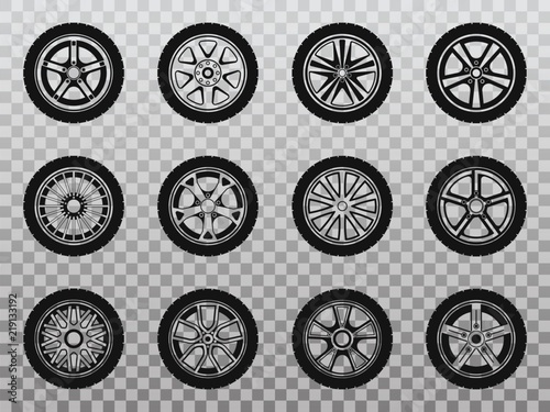 Isolated wheel, tyre and tire collection of icons.