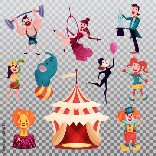 Isolated clown and magician near circus tent or camp