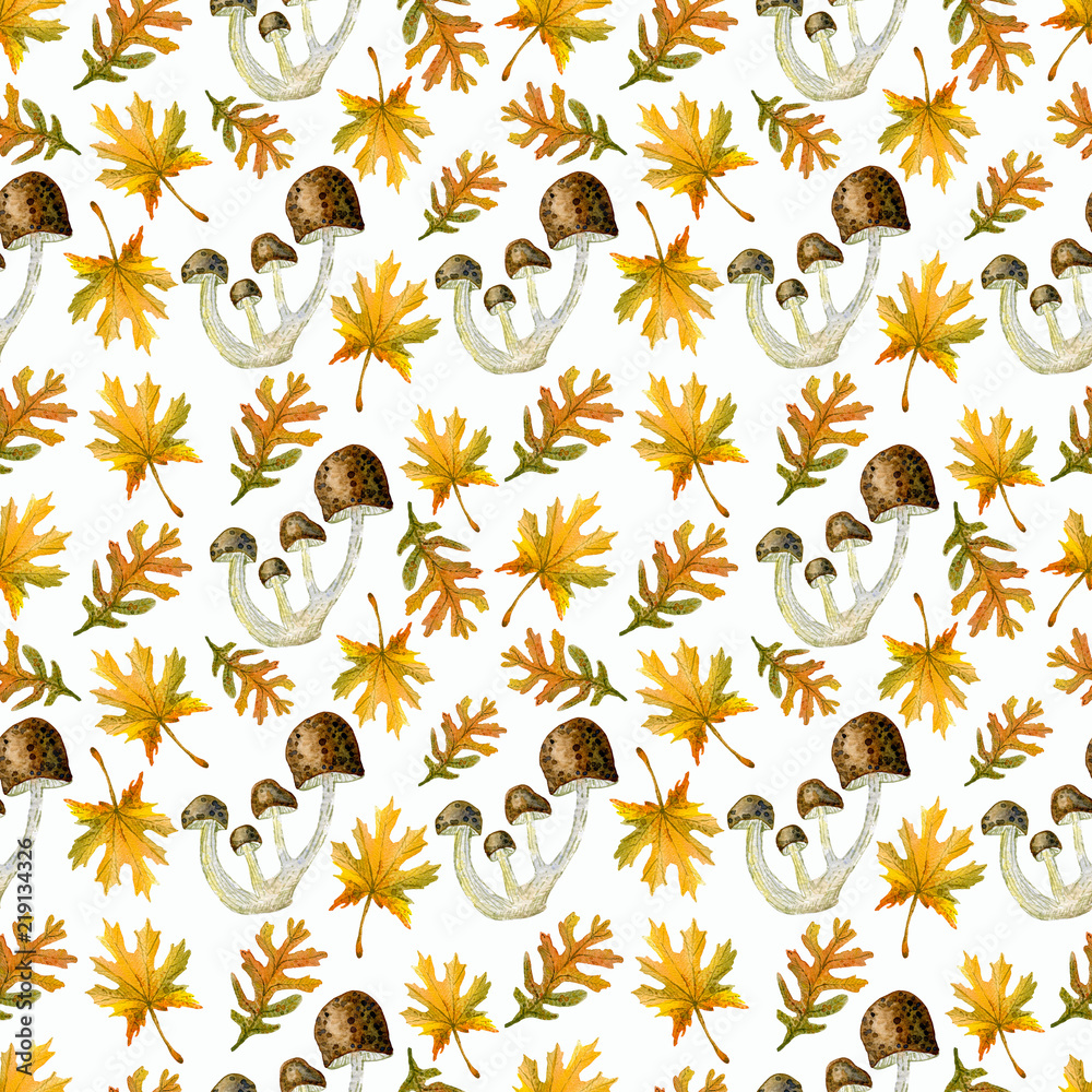 Seamless watercolor autumn pattern consisting of leaves and mushrooms