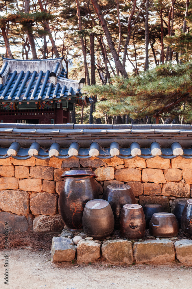 Kimchi pots at Danjong banishment place at Cheongryeongpo cape. Yeongwol, South Korea