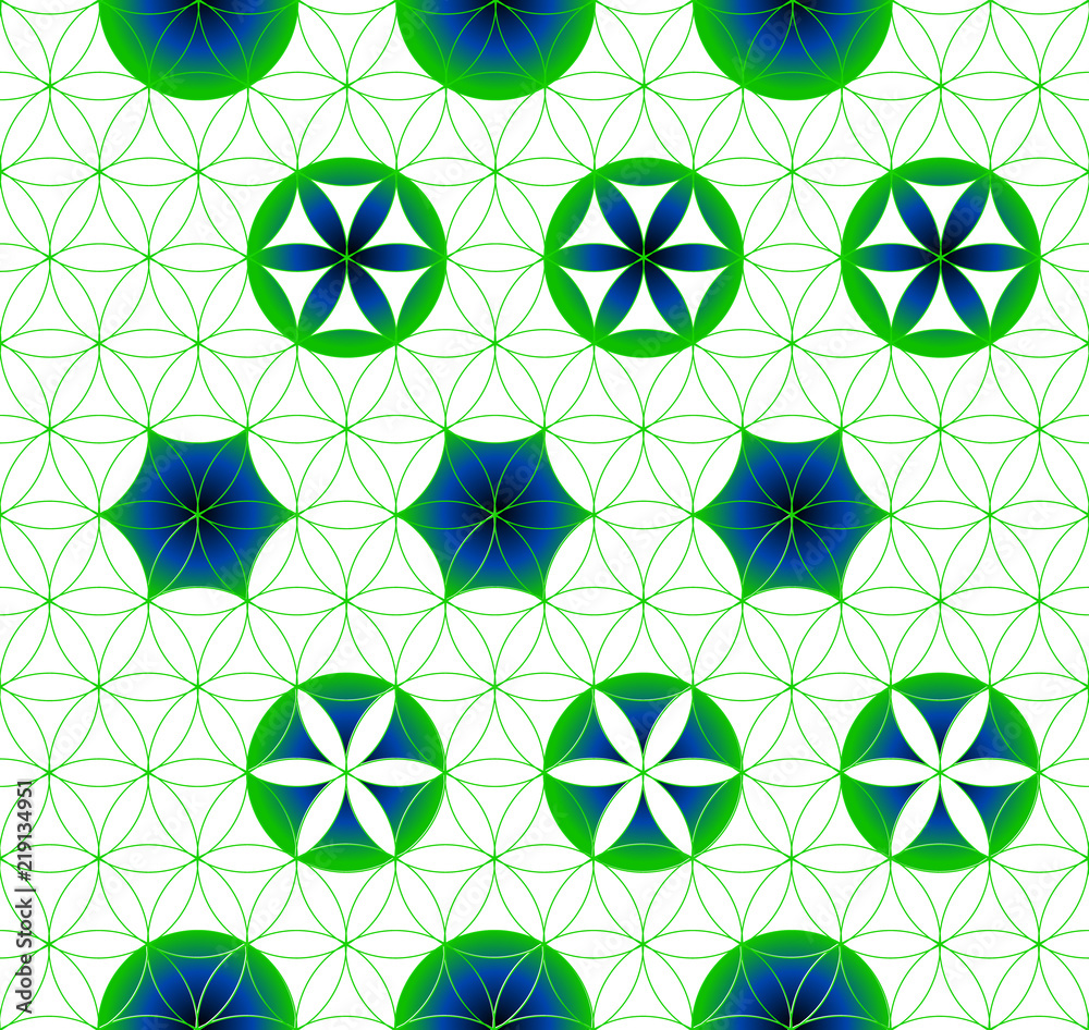 Flower of Life. Sacred geometry. Seamless pattern. Green and blue.