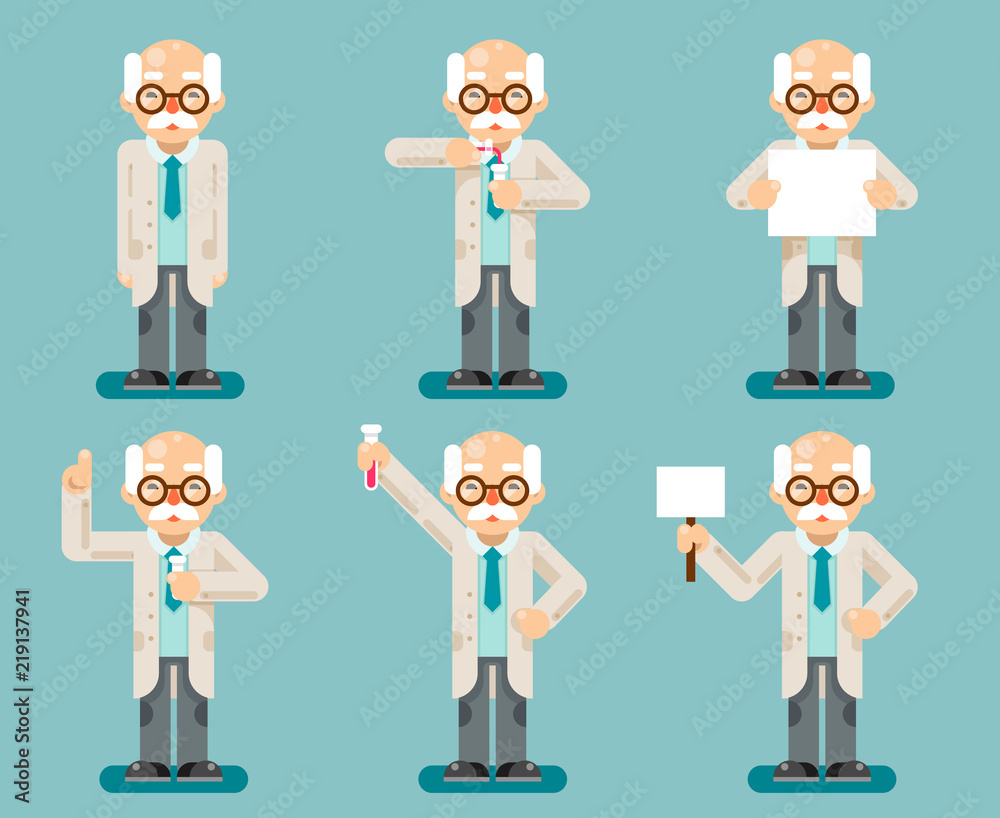 Experiment old wise smart scientist chemical test tubes cartoon flat design icons set vector illustration Experiment old wise smart scientist chemical test tubes cartoon flat design icons set vector illustration