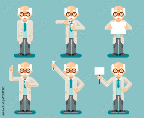 Experiment old wise smart scientist chemical test tubes cartoon flat design icons set vector illustration