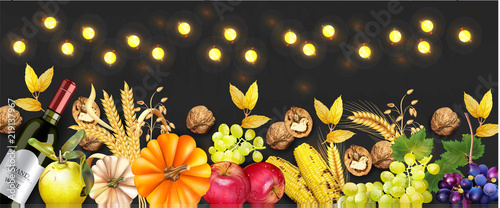 Autumn harvest rich banner Vector realistic. Pumpkin, corn, grapes, wine, walnuts. Detailed 3d design. dark background with lights