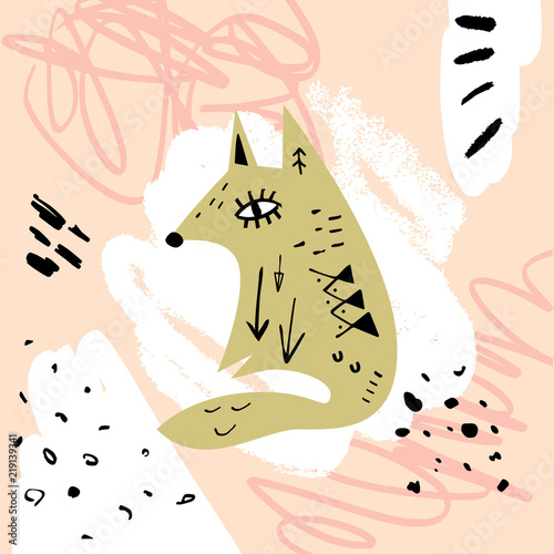 Nursery poster and postcard, cute fox. Vector, clipart