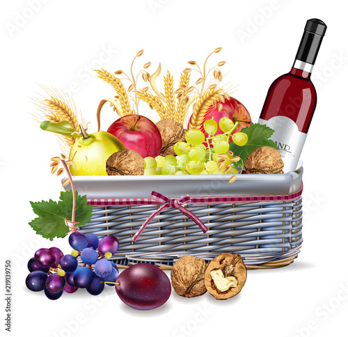Basket with wine bottle and fruits Vector realistic detailed design illustrat...