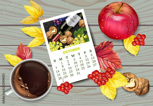 Autumn calendar page and cup of coffee Vector realistic. Apple, walnuts, fall...