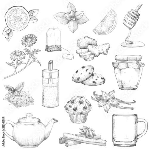 Tea and pastries set vector illustration sketch vintage style. Elements on a white background isolated