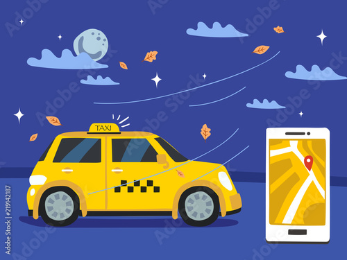 Book a car at night on smartphone with map. Taxi service concept. Flat style illustration.