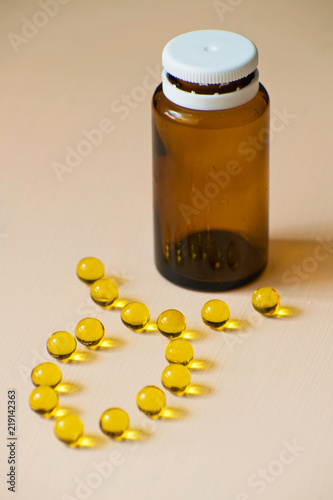 Omega 3 capsules. One bottle of omega 3 capsules. Fish fat.