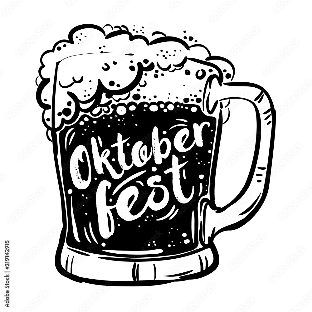 Oktoberfest handwritten lettering and mug of beer on white background. Festival template celebration. Vector illustration, Design element for congratulation cards, print, banners and others Oktoberfest handwritten lettering and mug of beer on white background. Festival template celebration. Vector illustration, Design element for congratulation cards, print, banners and others